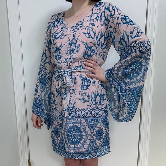 Statement Pink & Blue Dress with Bell Sleeves - Picture 1 of 8